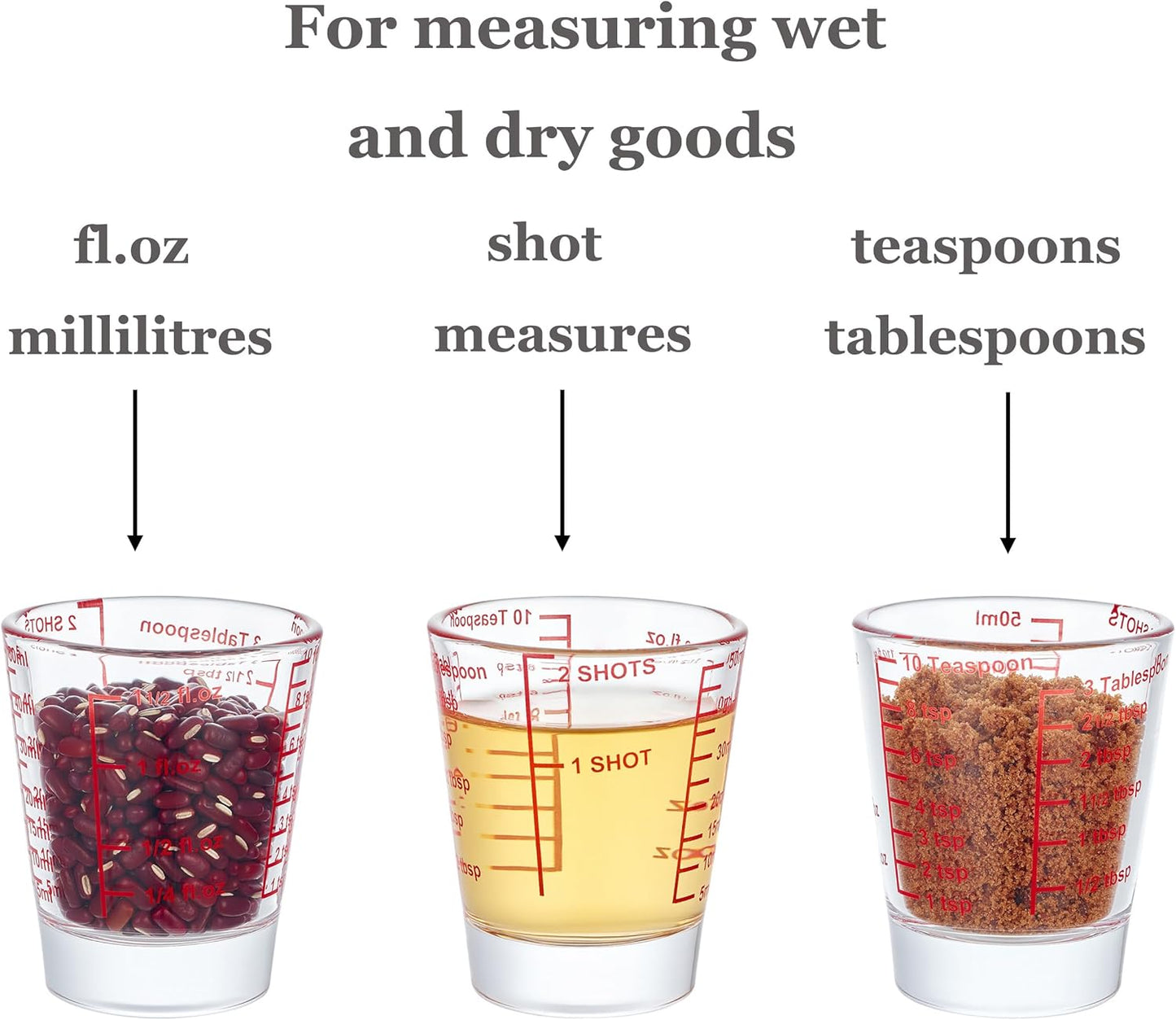 Ackers Mini Measure Heavy Glass, 32-Incremental Measurements Multi-Purpose Liquid and Dry Measuring Shot Glass, Red(Pack of 2)
