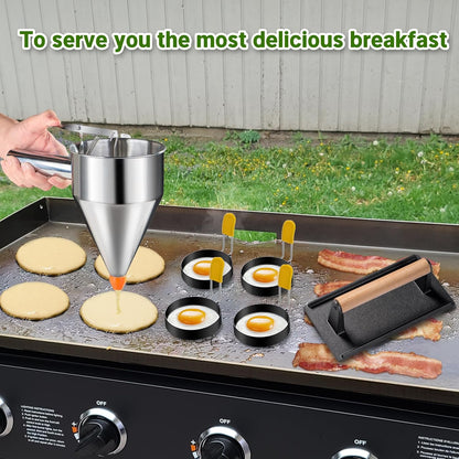 Choxila 7 Piece Griddle Breakfast Kit for Blackstone, Griddle Accessories Set - Includes Pancake Batter Dispenser, Bacon Press, Egg Rings, Basting Brush
