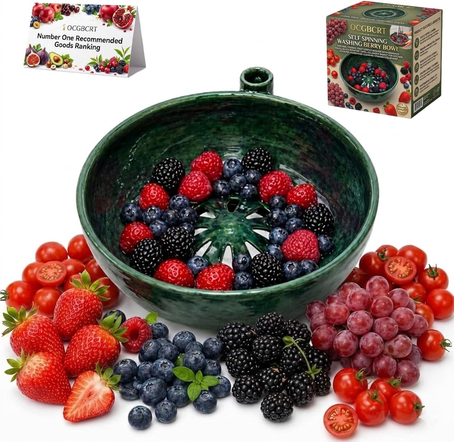 Self Spinning Washing Berry Bowl, Original Ceramic Fruit Vortex Washer with Drainage Holes, Quick Rotating Swirl Colander Basket for Kitchen Counter, Handmade Cleaning Strainer Equipment