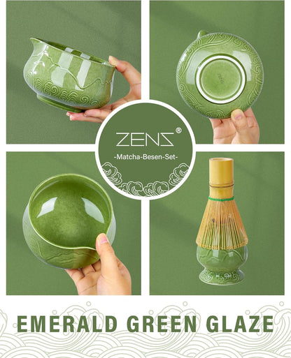 ZENS Pink Matcha Set, Matcha Whisk Set Includes 15oz Ceramic Bowl & (Chasen Holder), Bamboo Whisk & Scoop, Sifter and Pink Tea Towel, 6pcs Matcha Kit for Matcha Lovers