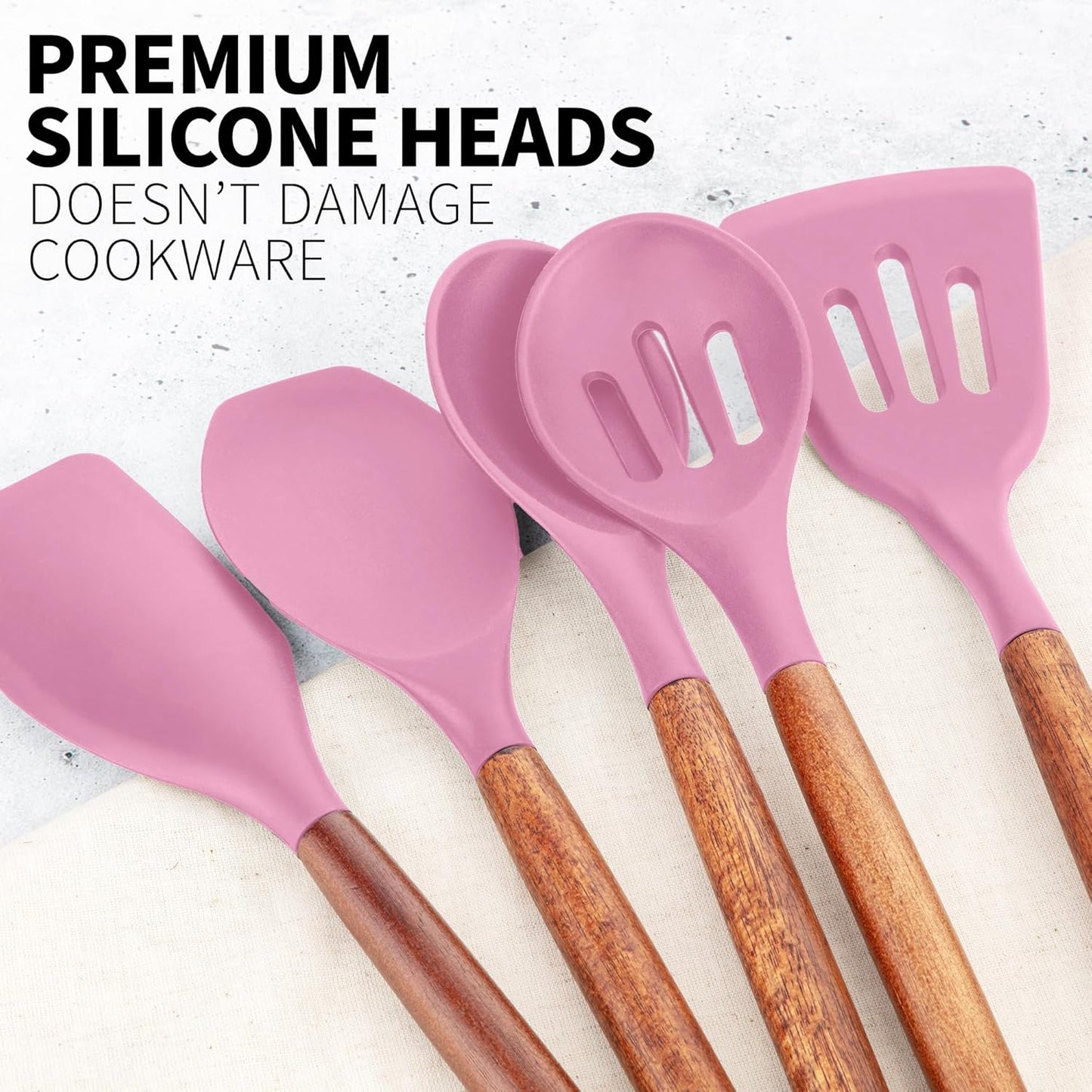 Zulay Kitchen Utensils Set Non-Stick Silicone Cooking Utensils Set with Authentic Acacia Wood Handles - 5 Piece Silicone Utensil Set - Kitchen Utensils Set with 464°F Heat Resistance - Gray