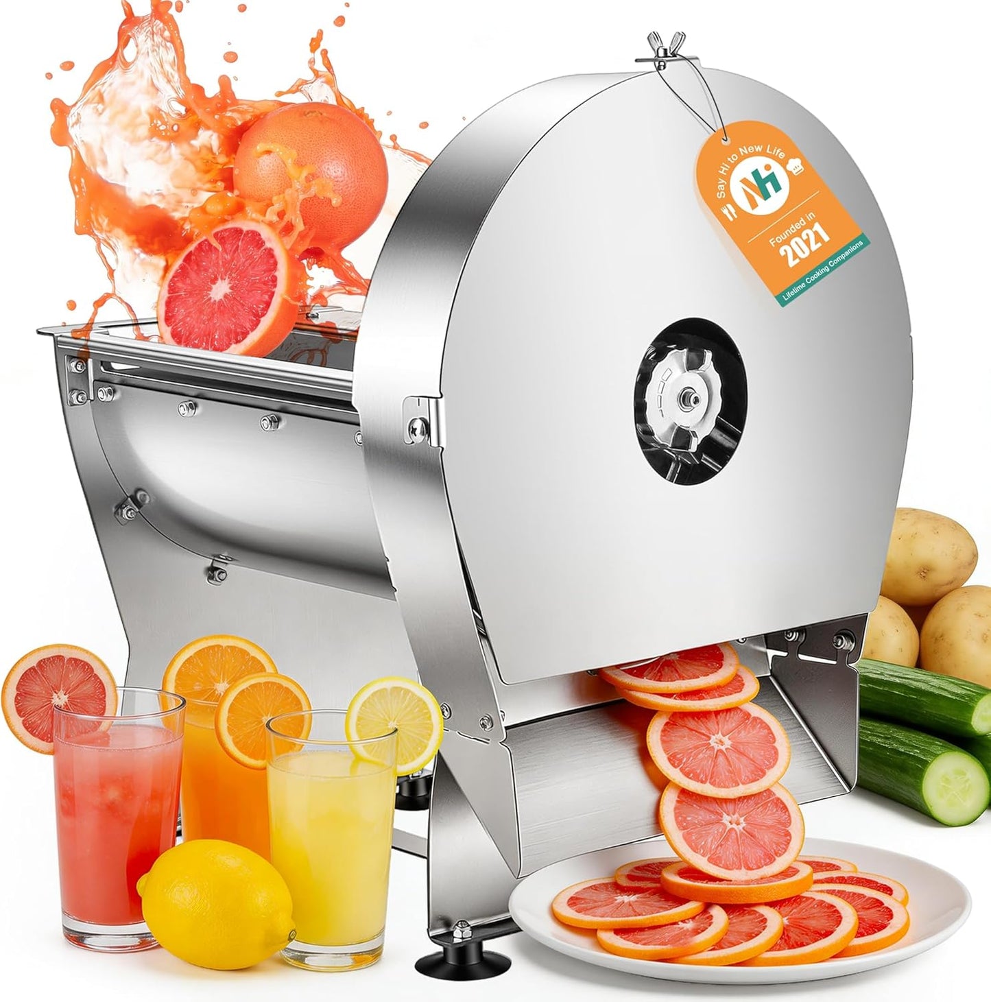 Newhai 0-10mm Commercial Onion Slicer Potato Chips Sweet Potato Tomato Slicing Machine Electric Cabbage Shredder Machine Vegetable Fruit Processor 0-0.4’’ Stainless Steel