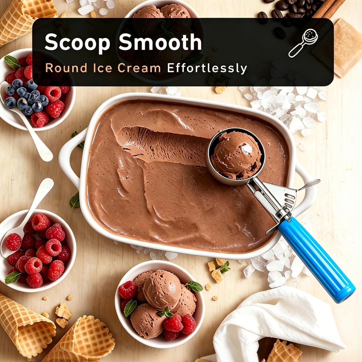 Fayomir 2 oz Scoop, Cookie Scoop for Baking, 2 oz Ice Cream Scoop with Trigger, #16 Disher, Portion Scoop, Blue Handle, Food Scoop for Ice Cream, Muffin, Cupcake Batter, Mashed Potato, Cookie Dough