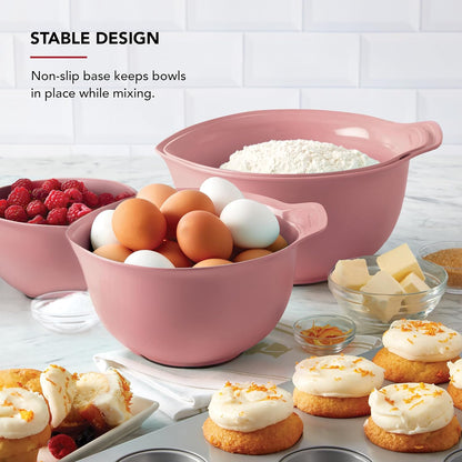 KitchenAid Universal Nesting Plastic Mixing Bowls, Set Of 3, 2.5 quart, 3.5 quart, 4.5 quart, Non Slip Base with Easy Pour Spout to Reduce Mess, Dishwasher Safe, Aqua Sky, White, Gray