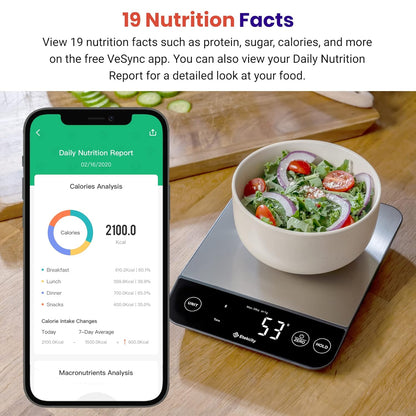 Etekcity Smart Food Kitchen Scale with Nutritional Calculator, Free App with 19 Nutrients Tracking, Calorie, Marco, Digital grams and ounces for weight loss, Premium Stainless Steel, 11lb
