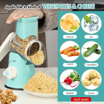 Ourokhome Rotary Cheese Grater Hand Crank, Kitchen Shredder Speed Mandolin Slicer Nut Grinder with Handle and Drum Blades for Cheese, Vegetable, Walnut, Chocolate, Potato, Carrot, 3 Blades, Dark Blue