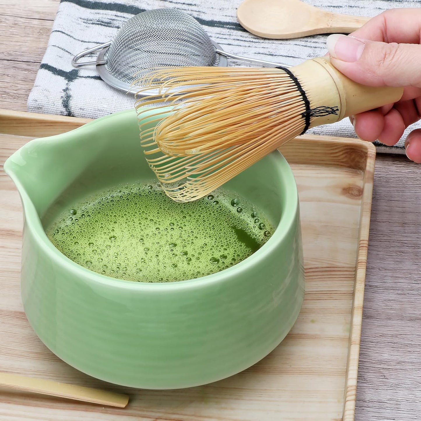 Accguan Matcha Whisk Set, 7pcs - Bamboo & Ceramic, Includes 19 oz Bowl, Whisk, Spoons, Holder, Sifter & More - Perfect for Matcha Lovers