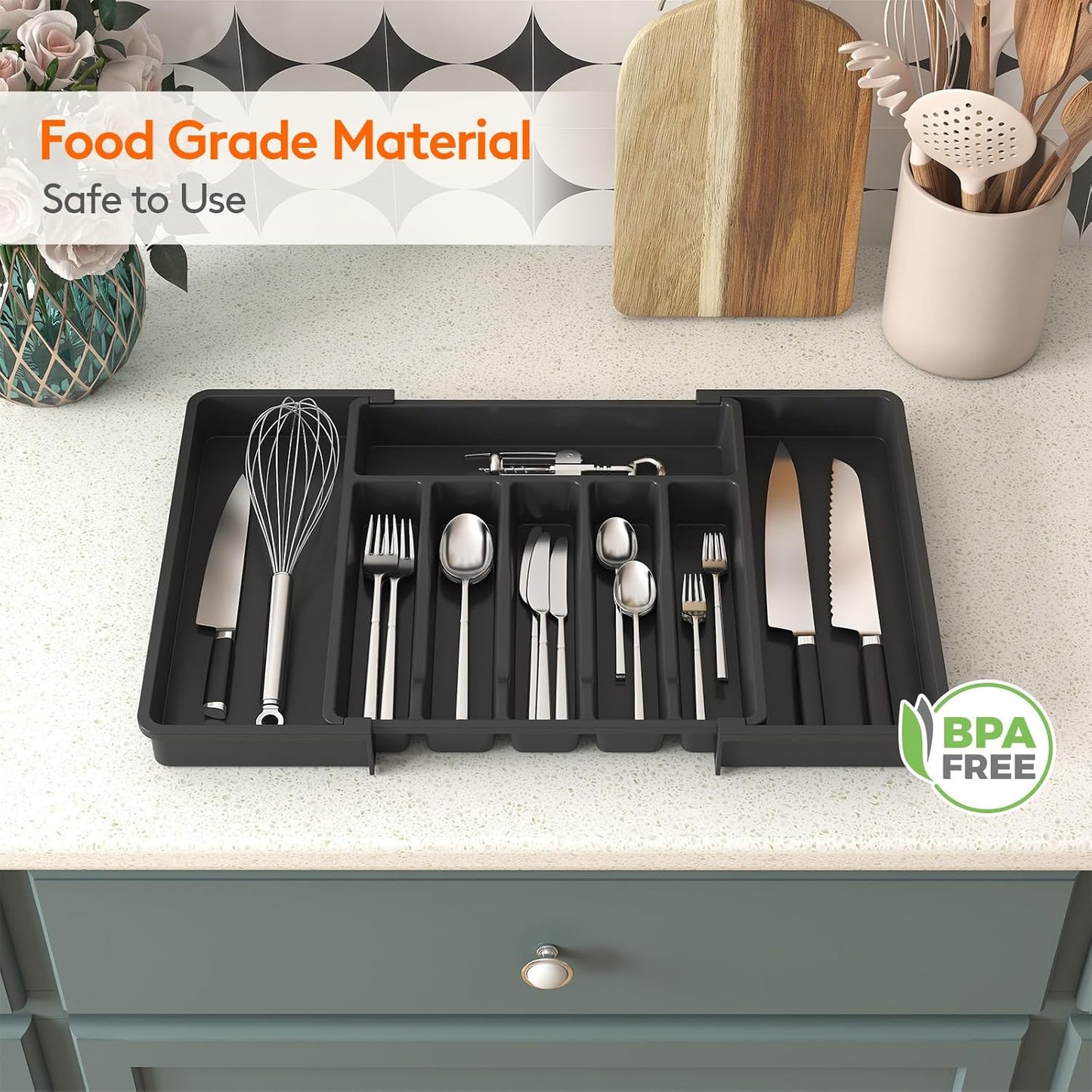 Lifewit Silverware Drawer Organizer, Expandable Utensil Tray for Kitchen, BPA Free Flatware and Cutlery Holder, Adjustable Plastic Storage for Spoons Forks Knives, 11-18 x 14", Black
