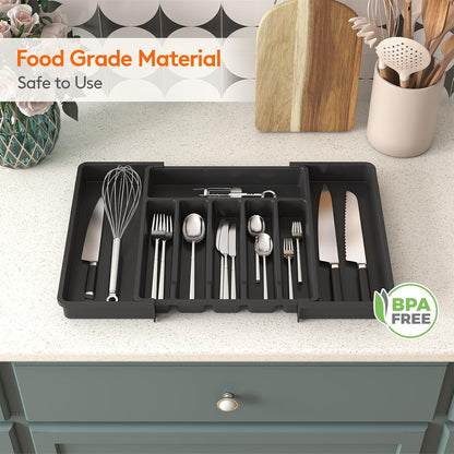 Lifewit Silverware Drawer Organizer, Expandable Utensil Tray for Kitchen, BPA Free Flatware and Cutlery Holder, Adjustable Plastic Storage for Spoons Forks Knives, 11-18 x 14", Black