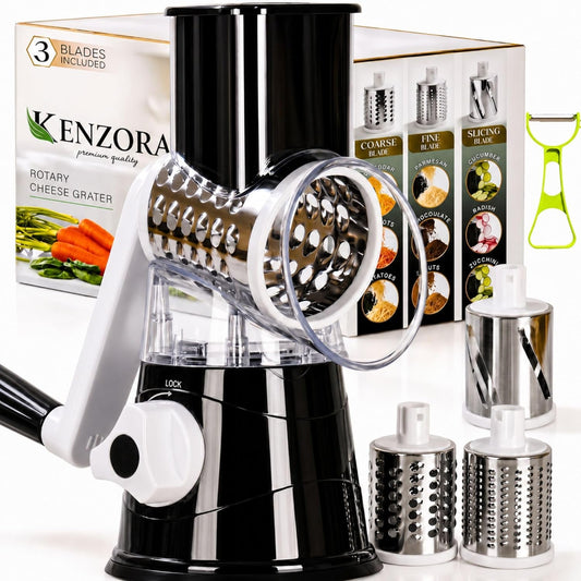 KENZORA Rotary Cheese Grater Hand Crank & Vegetable Chopper - 3-in-1 Manual Cheese Shredder with Handle - Fast Meal Prep Mandoline Slicer - Strong Suction Base & Safe Kitchen Gadgets, Black