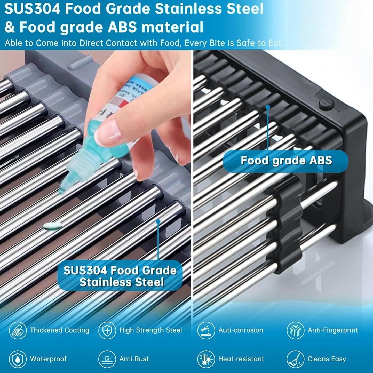 Over The Sink Dish Drying Rack, Stainless Steel Expandable Telescopic Drain Basket with Adjustable Arms - Functional Kitchen Sink Organizer for Dishes, Vegetables & Fruits (Large, Black)