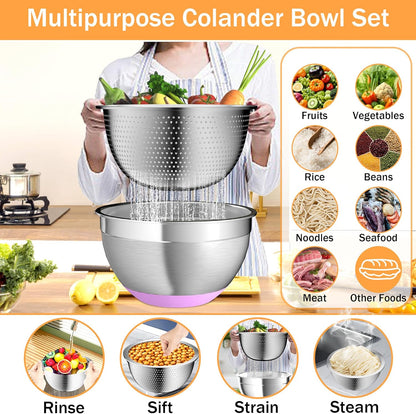 Nicdiet Mixing Bowls with Airtight Lids, Stainless Steel Mixing Bowl Set with 3 Metal Nesting Bowls, Colander & Grater, Non-Slip Bottoms, Size 1.5, 2.5, 5 QT, Great for Mixing & Serving, Khaki