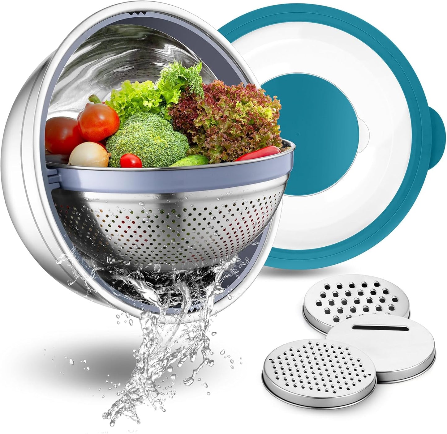 P&P CHEF 4-In-1 Stainless Steel Colander with Bowl Set, Rotatable Strainers for Kitchen, Fruit Cleaner, Washing Fruit & Draining Pasta, Mixing Bowl and Lid with Grater for Salad, Khaki