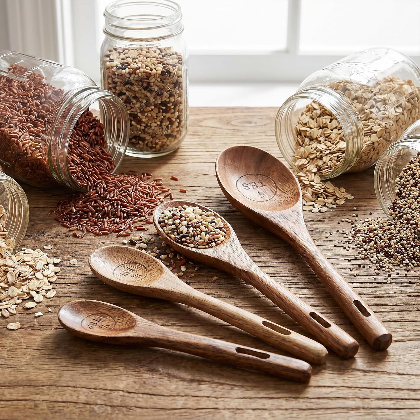 4Pcs Measuring Spoons and Scoops Set, Retro Measuring Scoops Includes 1/4 tsp, 1/2 tsp, 1 tsp & 1 tbsp, Wooden Measuring Spoons for Dry Ingredients Coffee Powder