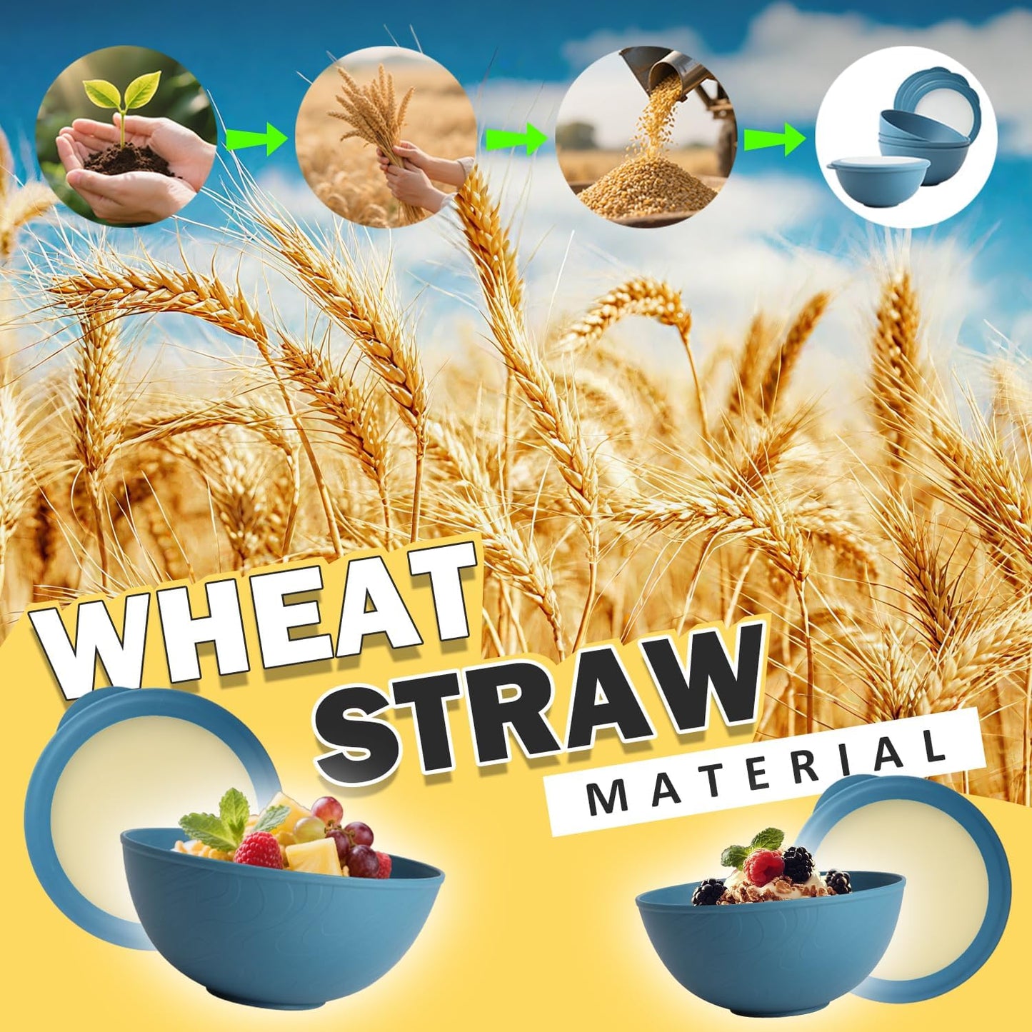 Wheat Straw Bowls Set with Lids, Unbreakable 40 OZ Cereal Bowls Set of 4, Salad Container for Lunch, Microwave & Dishwasher Safe Bowl Set for Kitchen, Picnic, RV, Camping, Multi