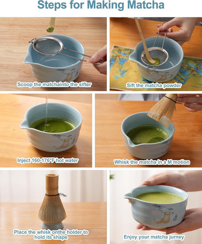 Matcha Whisk Set, Japanese Matcha Kit Set 7-Pcs with Matcha Bowl (Chawan), Matcha Whisk and Holder, Bamboo Scoop, Scoop Rest, Sifter and Tea Towel - Authentic Tea Ceremony Tools for Tea Lovers(Blue)