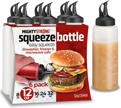 MIGHTY STRONG 4 Pack Condiment Squeeze Bottles 24 Oz –Easy Pour Sauce Bottle With Leak Proof Snap Cap, Plastic Squeeze Bottles For Sauces, Condiment Containers, clear