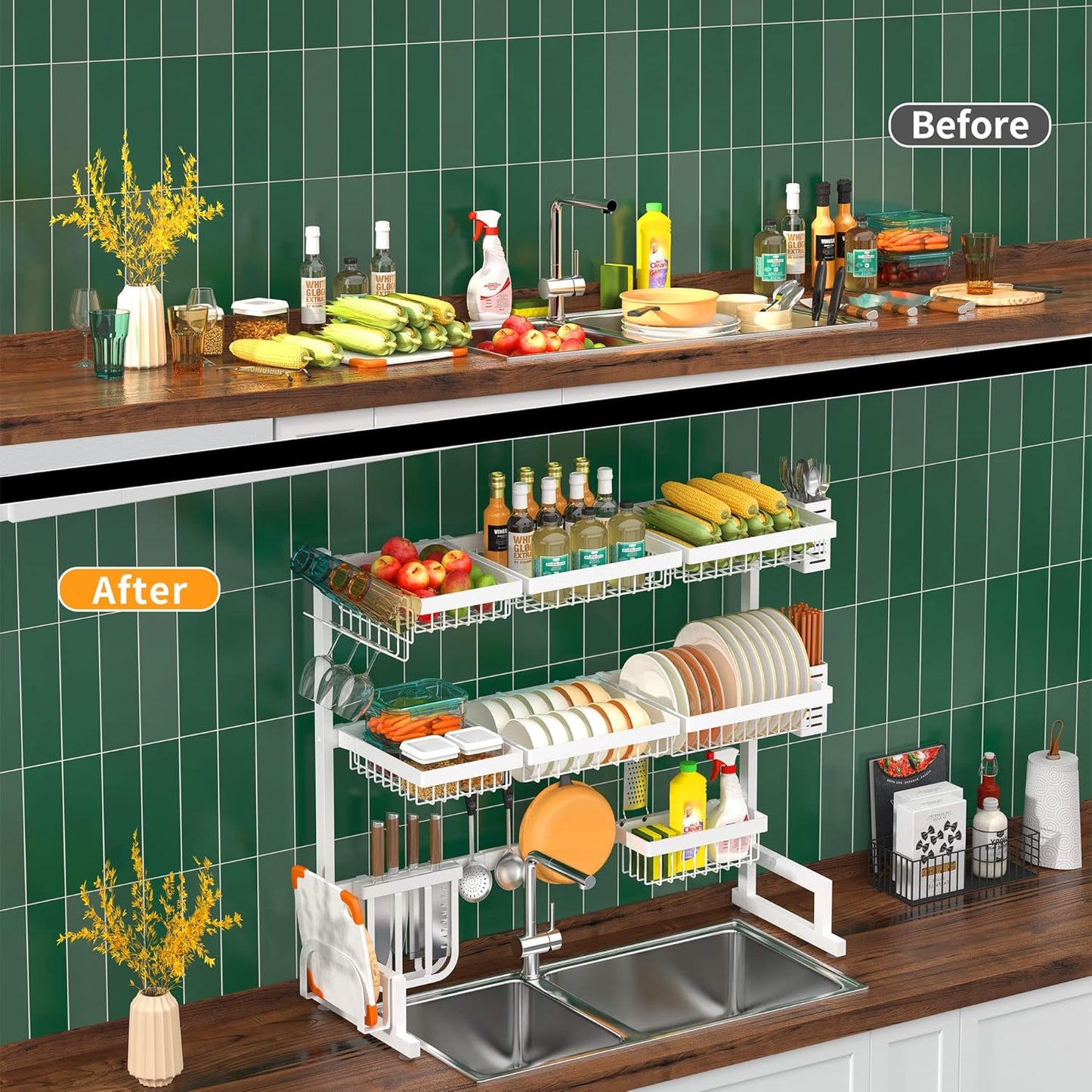 PUSDON Over the Sink Dish Drying Rack, 2 Tier Adjustable Large Capacity Stainless Steel Dish Rack for Kitchen Counter, Heavy Duty Space Saver Organizer with Utensil Holder, Black