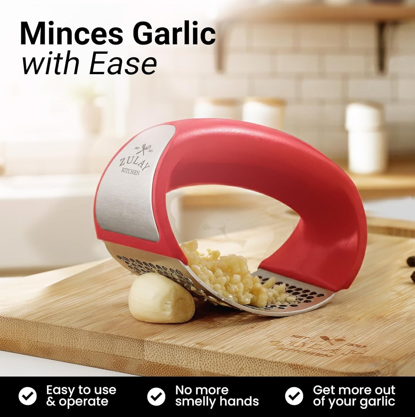 Zulay Kitchen Stainless Steel Garlic Press Rocker Set - Premium Garlic Mincer Garlic Crusher - New Innovative Garlic Crusher with Peeler and Scraper - Comfortable Grip (Black)