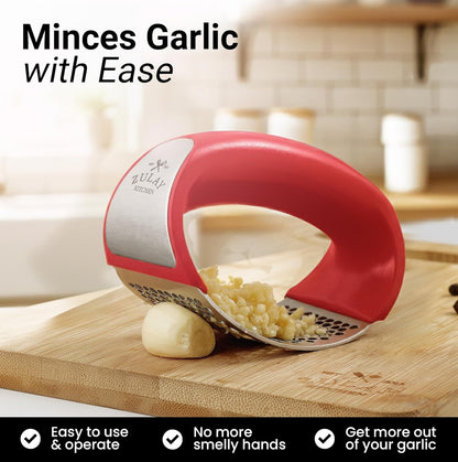 Zulay Kitchen Stainless Steel Garlic Press Rocker Set - Premium Garlic Mincer Garlic Crusher - New Innovative Garlic Crusher with Peeler and Scraper - Comfortable Grip (Black)