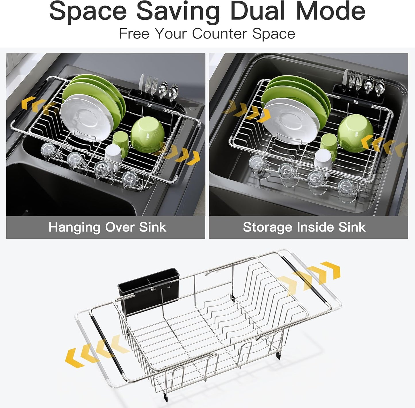 JASIWAY Roll Up Dish Drying Rack, Expandable (12.8"-23.8" D x 12.8" W) Stainless Steel Portable Drainer for Kitchen Sink Counter, Foldable Over The Sink Cover with Removable Utensil Holder