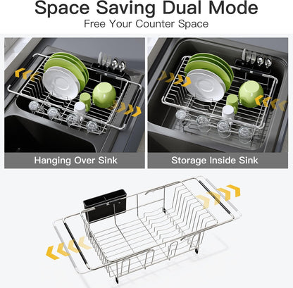 JASIWAY Roll Up Dish Drying Rack, Expandable (12.8"-23.8" D x 12.8" W) Stainless Steel Portable Drainer for Kitchen Sink Counter, Foldable Over The Sink Cover with Removable Utensil Holder