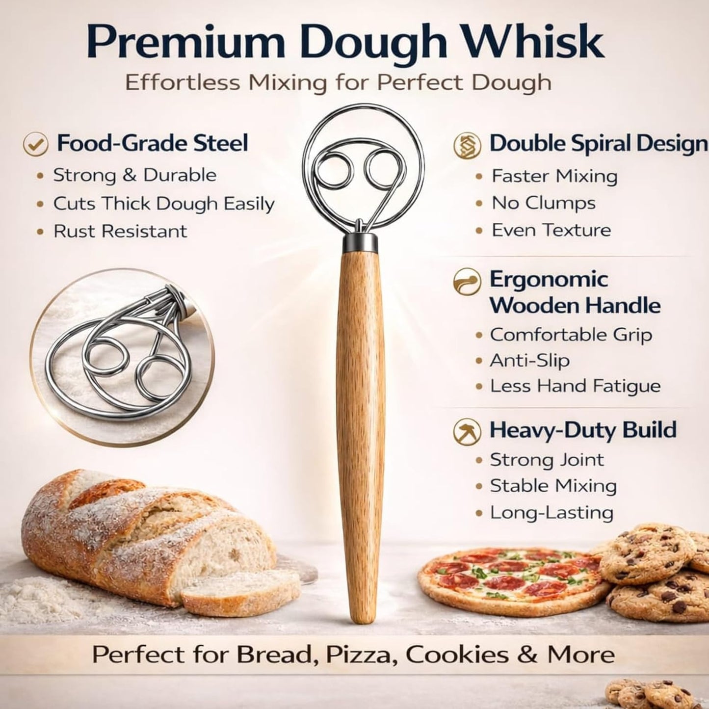 Danish Dough Whisk for Sourdough Bread – Stainless Steel Manual Dough Mixer with Wooden Handle 13 Inch Bread Mixing Tool for Pizza Baking & Artisan Dough