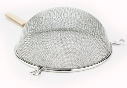 Huji 8-Inch Stainless Steel Double Mesh Food Strainer Colander - Fine Sieve Sifter with Wooden Handle for Kitchen Cooking, Pasta, Rice, Noodles, and More