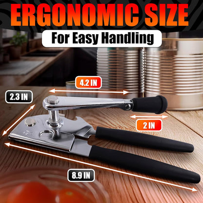 Heavy Duty Commercial Can Opener – Stainless Steel Can Opener for Large & Small Cans, Manual 360° Smooth Crank with Ergonomic Long Handles, Non-Slip Grip, 2-in-1 Bottle Opener for Restaurants & Home