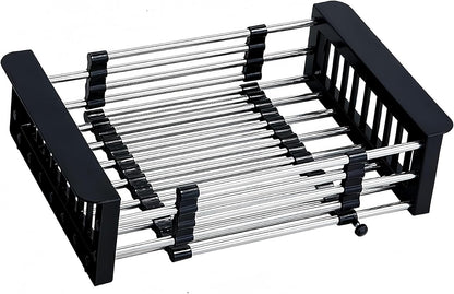 Over The Sink Dish Drying Rack, Stainless Steel Expandable Telescopic Drain Basket with Adjustable Arms - Functional Kitchen Sink Organizer for Dishes, Vegetables & Fruits (Large, Black)