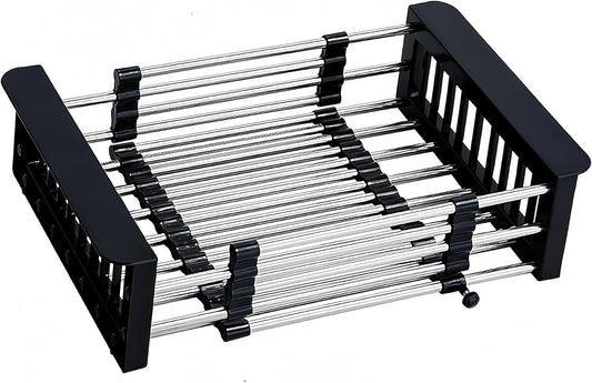 Over The Sink Dish Drying Rack, Stainless Steel Expandable Telescopic Drain Basket with Adjustable Arms - Functional Kitchen Sink Organizer for Dishes, Vegetables & Fruits (Large, Black)