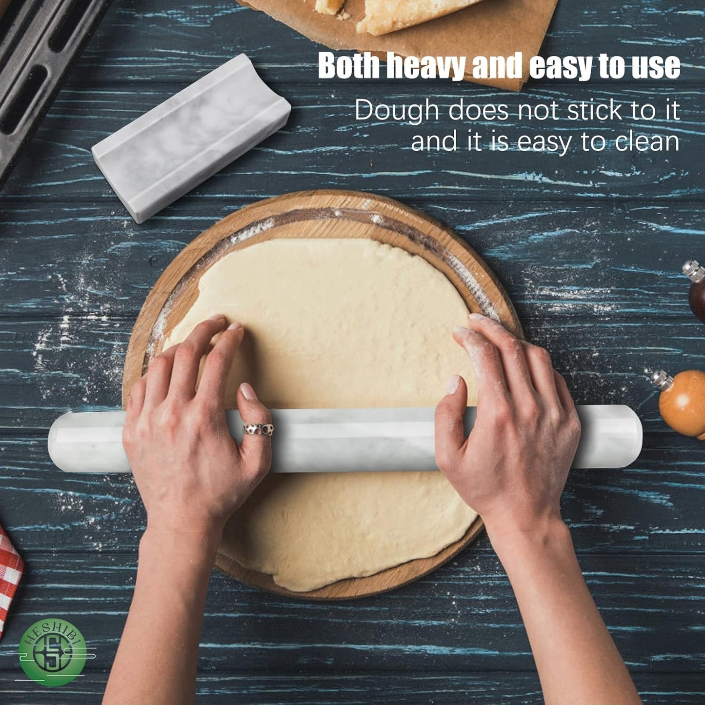 Marble Rolling Pin with Stand, 15.7" Black Stone French Heavy Polished Non Stick Cookie Pizza Pastry Dough Baker Roller for Kitchen Baking