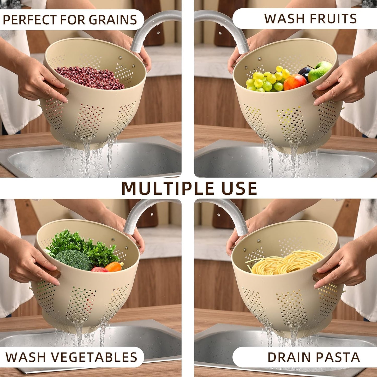Metal Colander with Wood Handle and Stable Base, 5.5 Quart Powder Coated Steel Kitchen Strainer Basket for Draining Pasta, Vegetable and fruit,Cream