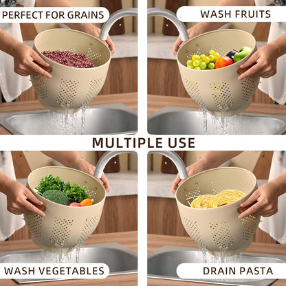 Metal Colander with Wood Handle and Stable Base, 5.5 Quart Powder Coated Steel Kitchen Strainer Basket for Draining Pasta, Vegetable and fruit,Cream