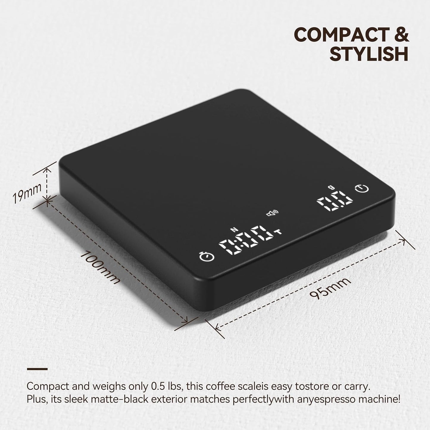 Coffee Scale, Espresso Scale, Weigh Digital Kitchen Scale with Timer, 2kg/0.1g Rechargeable Scale, Ratios & Flow Rate Display, Barista-Grade for Pour-Over, Espresso, French Press – Black