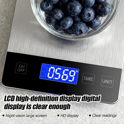 Food Kitchen Scale, 33lb Digital Food Scale Precisely Measures Grams and Ounces for Baking and Cooking, Rechargeable 304 Stainless Steel Kitchen Scale for Food with LCD Display, Batteries Included