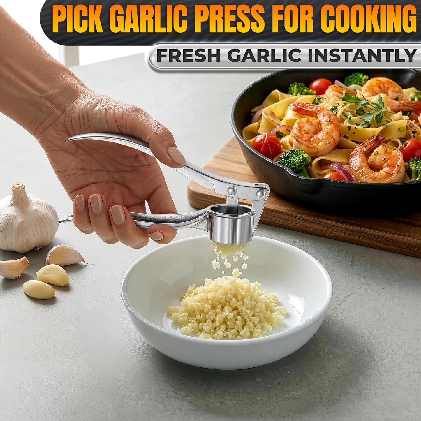 Stainless Steel Garlic Press - Ginger Mincer with 37 Built-In Studs for Maximum Extraction, for Garlic, Ginger and Soft Nuts - Ergonomic Handle, Dishwasher Safe and Rust-Resistant, No Peel Needed