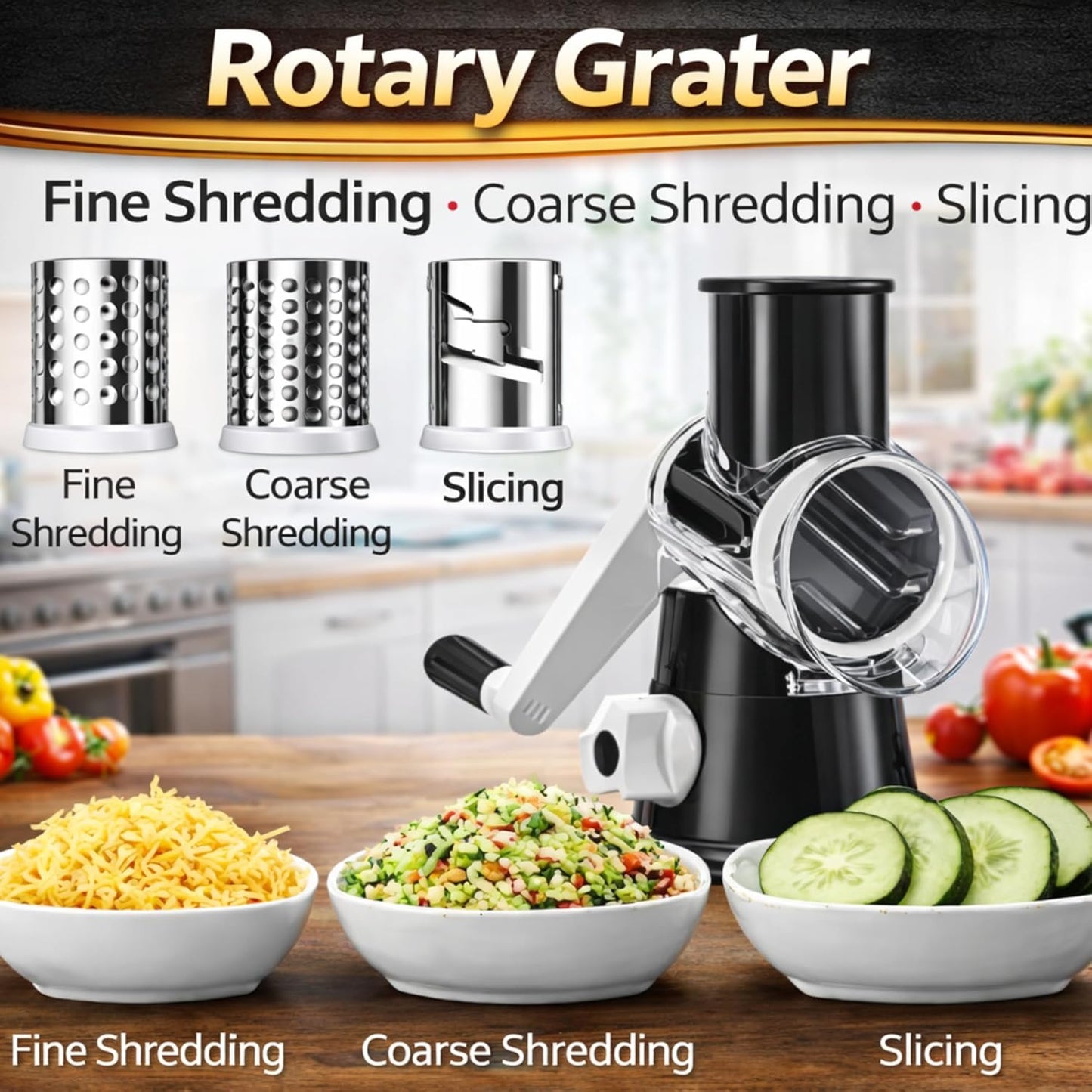 Stainless Steel Rotary Cheese Grater, Hand Crank Vegetable Shredder, food grater & Slicer — 3-in-1 Stainless Steel Blades for Parmesan, Cheese & Nuts, Suction Base, BPA-Free
