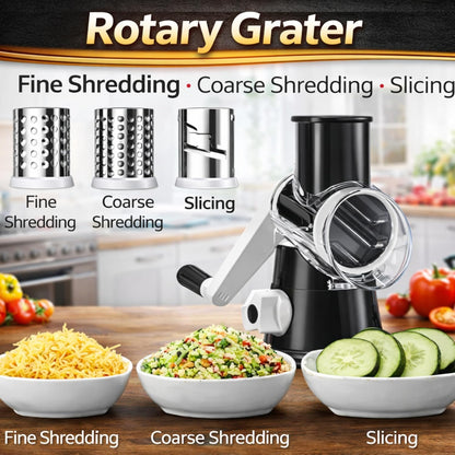 Stainless Steel Rotary Cheese Grater, Hand Crank Vegetable Shredder, food grater & Slicer — 3-in-1 Stainless Steel Blades for Parmesan, Cheese & Nuts, Suction Base, BPA-Free