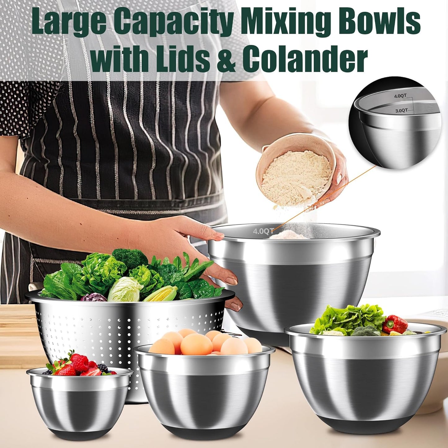 Mixing Bowls with Airtight Lids Set, 4 Stainless Steel Bowls Nesting Bowls & Colander, Kitchen Organizers and Storage Non-Slip Bottom, Size 1.5/2.0/2.5/4.5QT, Great for Mixing & Serving, Khaki