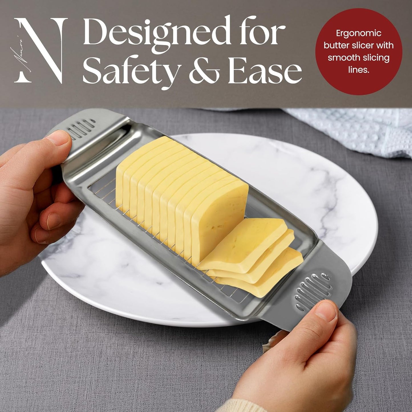 Butter and Cheese Slicer Cutter with Wooden Tray Multipurpose Handheld Butter Cheese, Egg, and Other Soft Food Cutter Dishwasher Safe 1/4 inch slicer Perfect for Holiday Entertaining