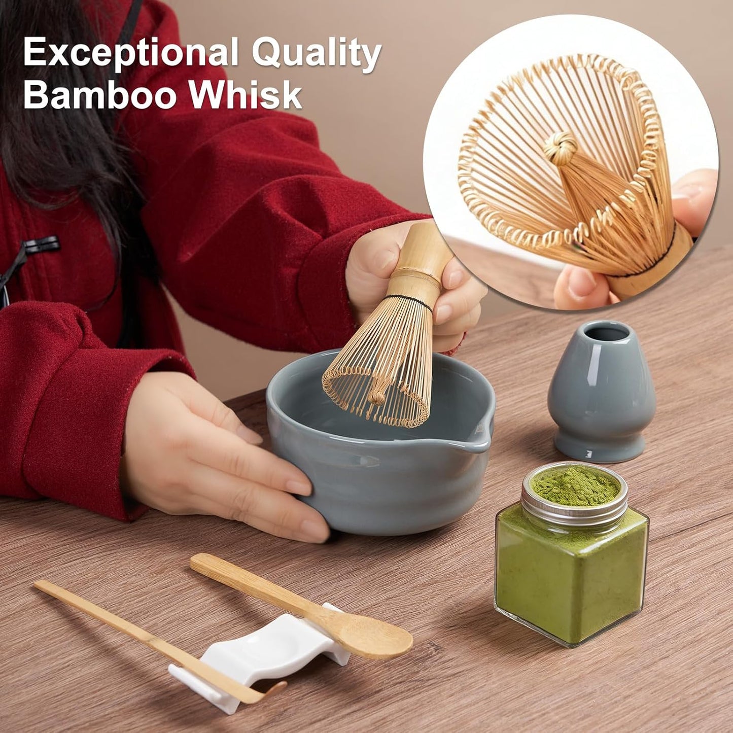 YOLIFE Matcha Whisk Set, Black Matcha Set, Ceramic Matcha Bowl and Whisk (Chasen), Holder, Sifter, Bamboo Scoop, Spoon & Spoon Rest, 7 Pcs Matcha Kit for Matcha Tea Ceremony