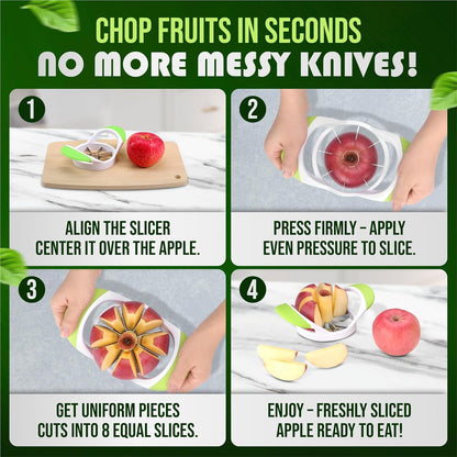 Apple Corer, Slicer & Cutter, Large size, Heavy Duty, 8-Blade Apple Chopper and fruit slicer with Stainless Steel Blades & Anti-Slip Handle | Green & White