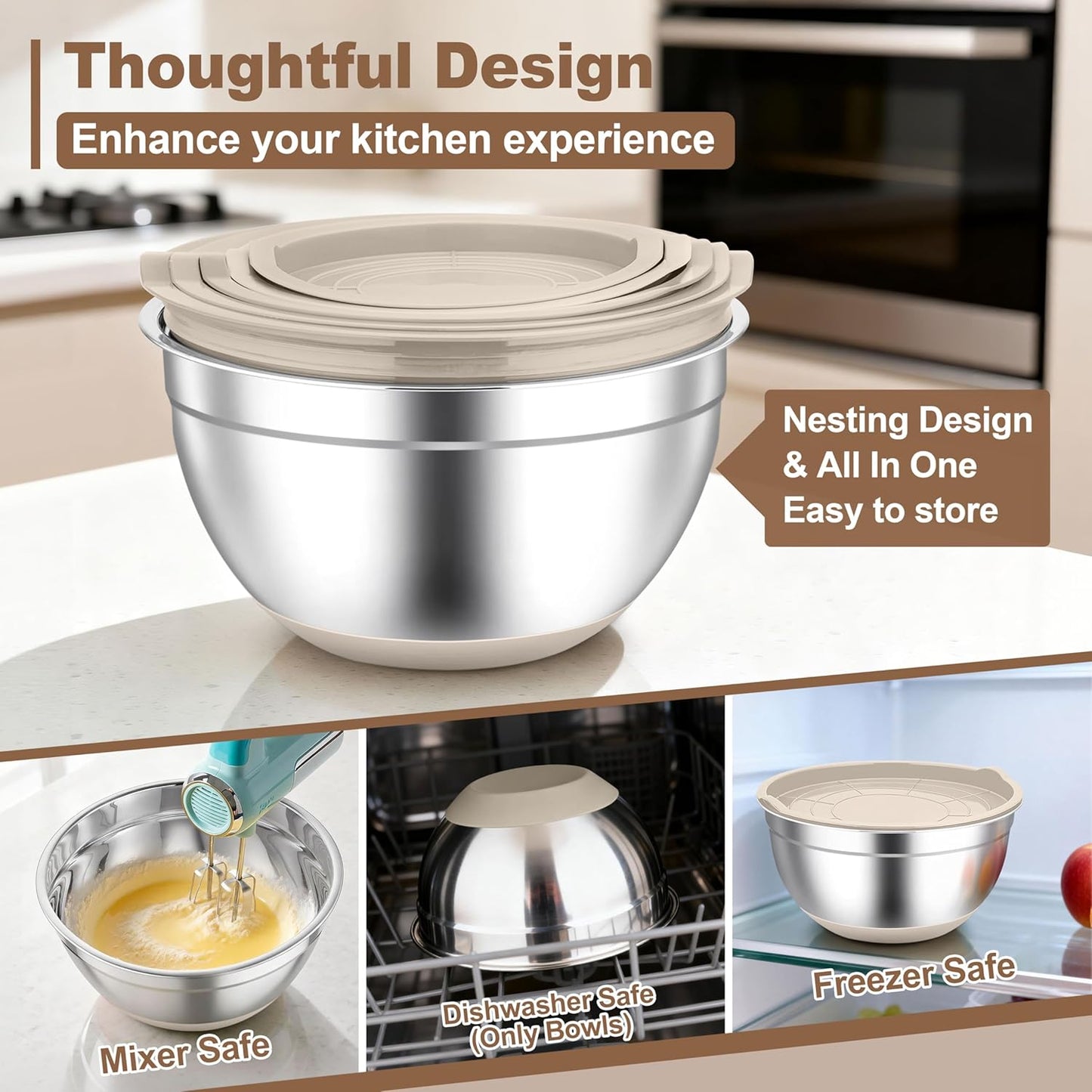 TeamFar Mixing Bowls, Black Mixing Bowls with Lids Set, Stainless Steel Nesting Salad Bowl with Air-tight Lid & Silicone Bottom, Non Slip & Stackable - Set of 6-4.6/2.6/2 / 1.5/1 / 0.7 Qt