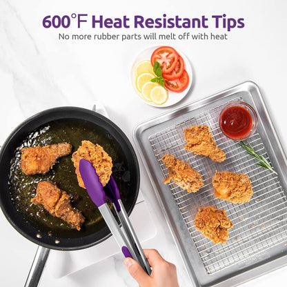 600ºF Heat Resistant Kitchen Tongs: U-Taste 9 inch Silicone Cooking Tong with Firm Sealed Non Stick Rubber Tips & Silicon Coated 18/8 Stainless Steel Handle & Smooth Locking for Serving Salad (Black)