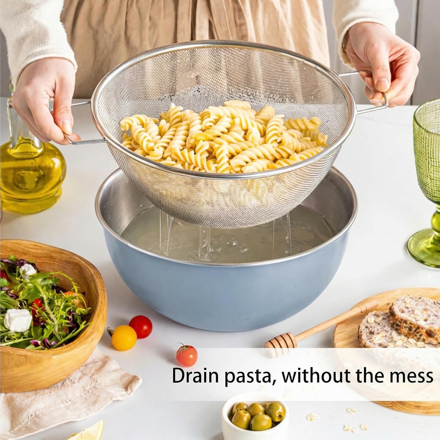 304 Stainless Steel Kitchen Colander Set, 3.5QT Colander with Handle and Bowl, 40 Mesh Fine Strainer, Fast Draining for Rice, Pasta, Fruits & Vegetables, Dishwasher Safe