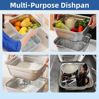 2-in-1 Stainless Steel Washing Up Bowl Set, 12.8" Sturdy Square Dish Tub with Colander, Fruit Vegetable Washing Basin for Sink, Food Grade Dishpan for Draining Rice, Pasta, Food Strainer Mixing Bowl