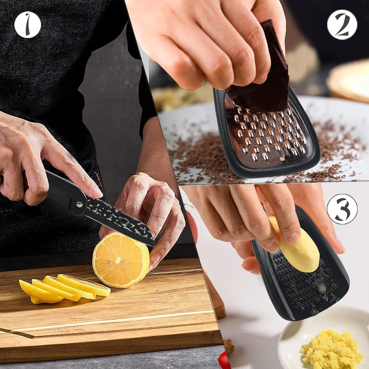 Kitchen Gadgets Set 5 Pieces, Space Saving Cooking Tools Kitchen Accessories - Fruit/Vegetable Peeler, Cheese/Chocolate Grater, Bottle Opener, Pizza Cutter, Garlic/Ginger Grinder Gift Set (Black)