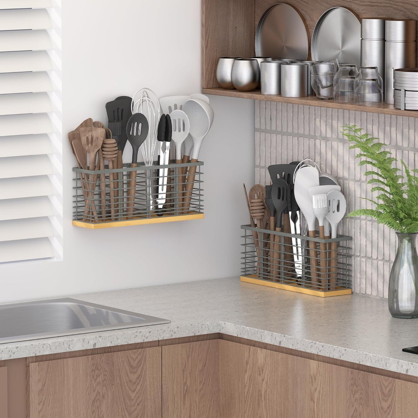 Suli Extra Large Kitchen Utensil Holder Countertop with 4 Compartments,Matte Black Metal holder with Wooden Base for Countertop,Farmhouse Utensil Organizer for counter,Rustic Cooking Utensil Organizer