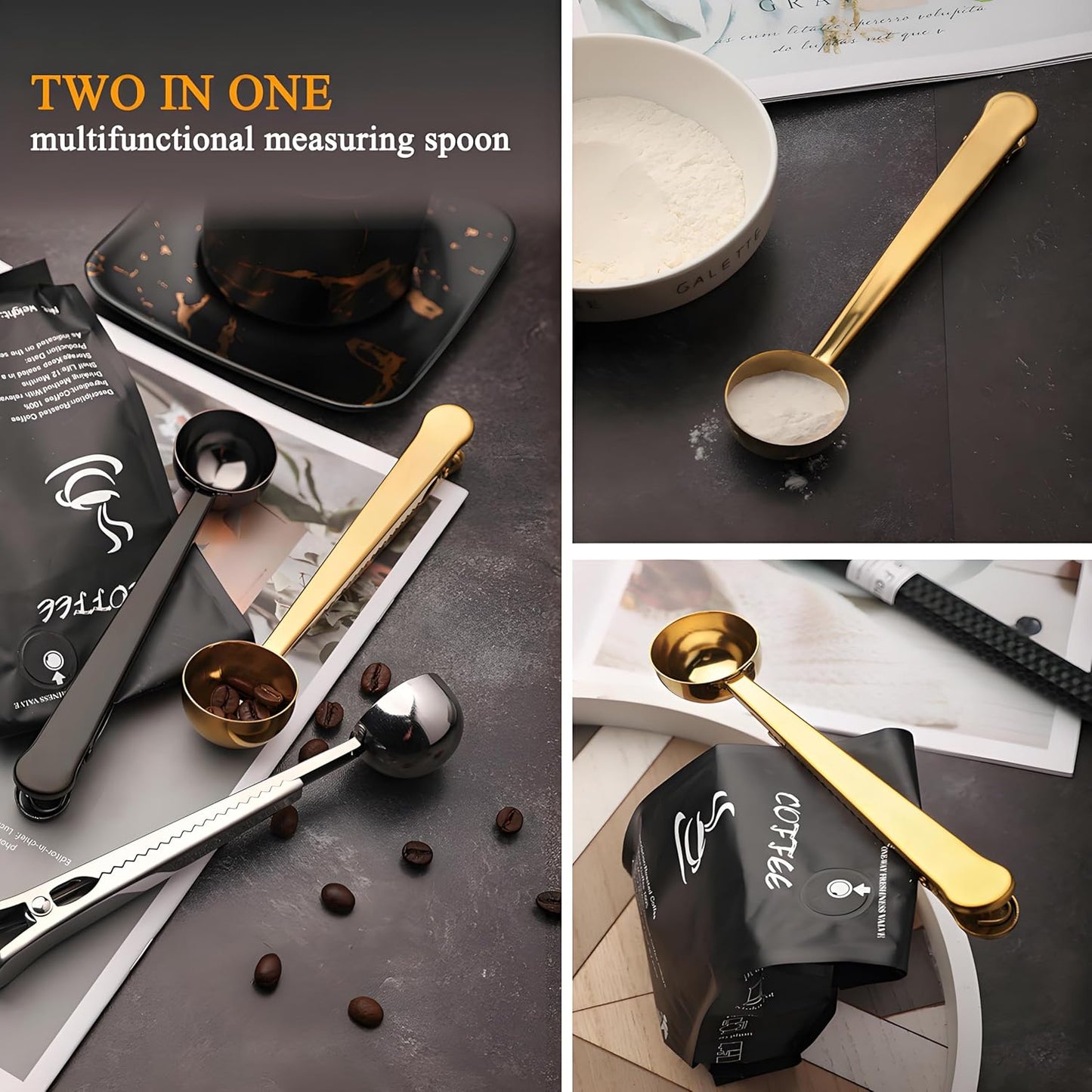 Coffee Scoop Spoon with Bag Clip 2 Pcs,1 Tbsp Stainless Steel Long Handle Measuring Spoons for Ground Coffee and Beans, Loose Tea and Powder(Silver / 15ML)